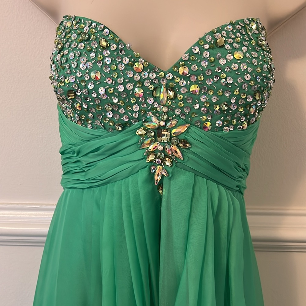 May Queen Strapless Sequin Prom Gown, Green Teal Blue Dress, Size 12, Hemmed